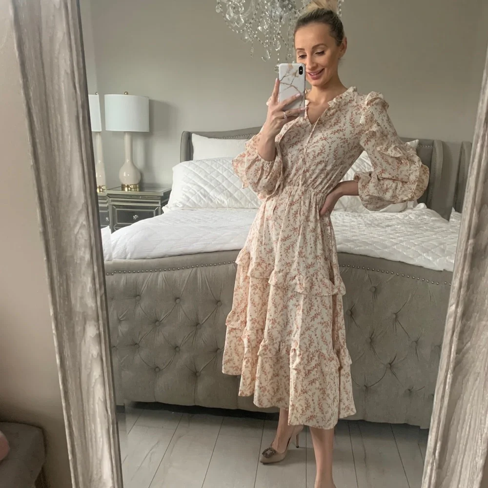 Shop Red Dress Aura Floral Ruffle Midi Dress - Picture 5 of 13